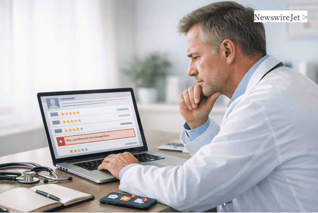 Doctor reviewing a negative remove RateMDs review on laptop in medical office