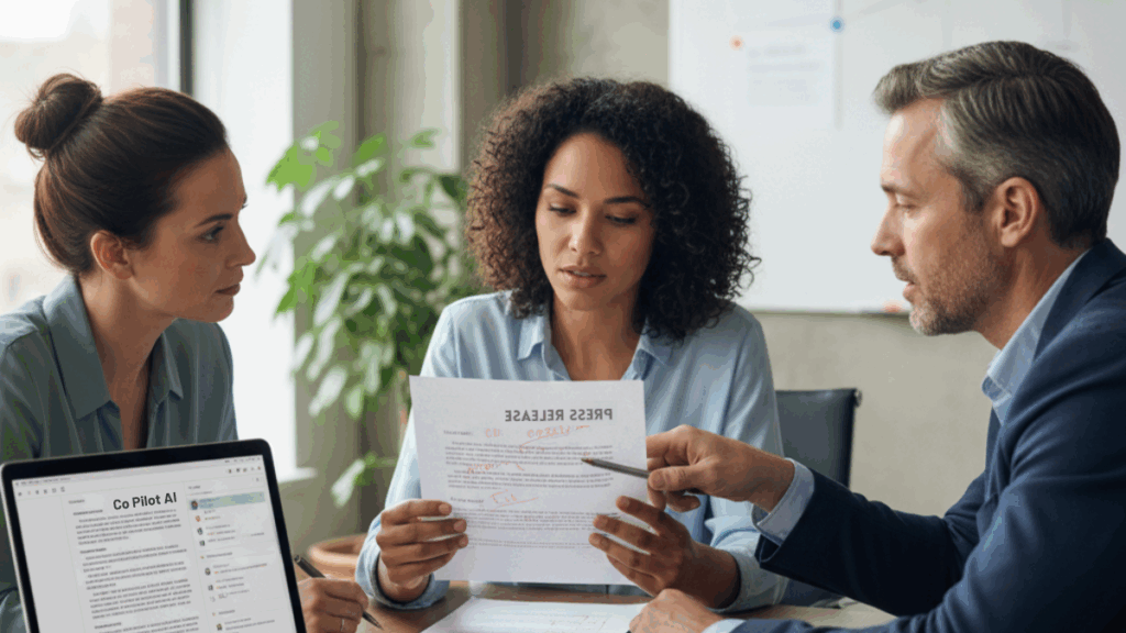 Team reviewing press release draft with laptop showing what are the best PR reporting tools for content collaboration