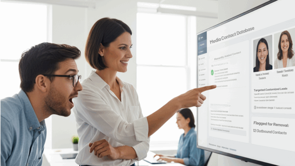 Professionals examining media contact database screen exploring what are the best PR reporting tools for outreach tracking