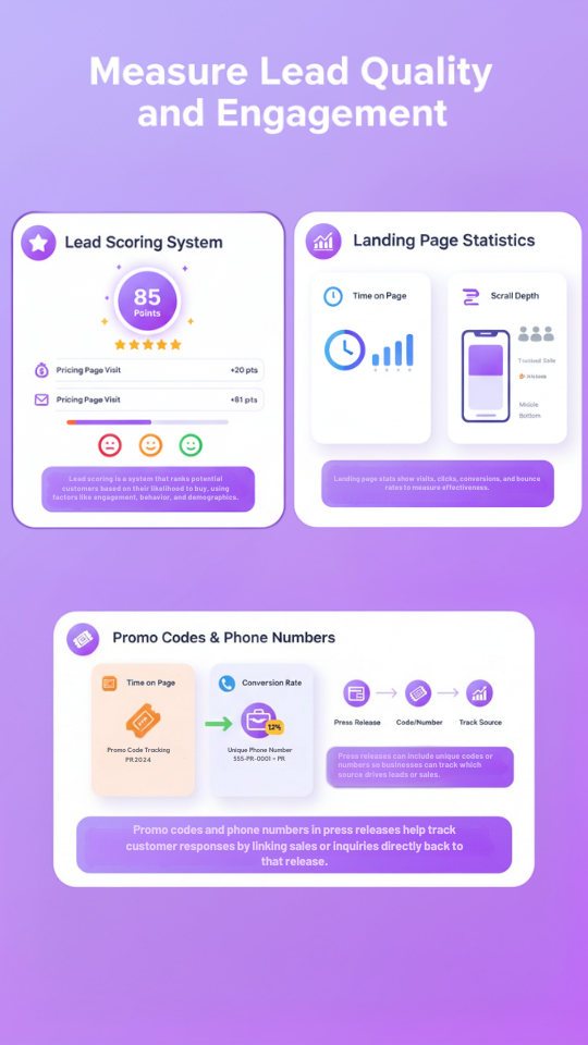 Infographic showing how to track lead from PR with lead scoring systems, landing page stats, and promo code tracking
