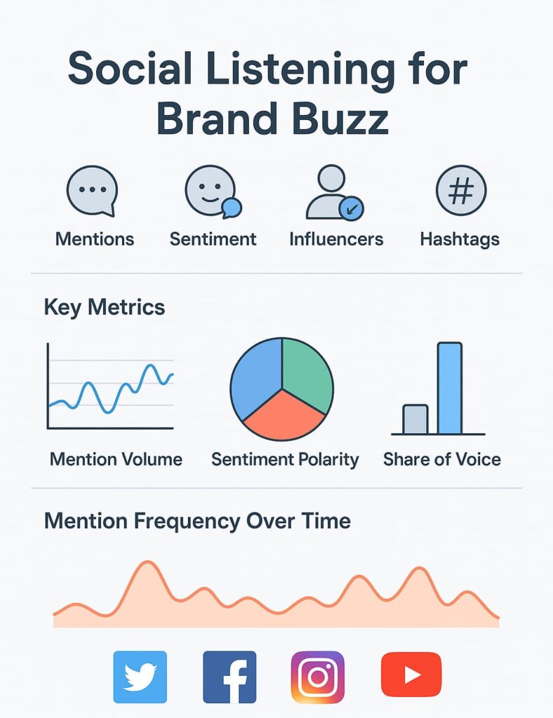 Infographic on social listening for brand buzz, displaying metrics like mentions, sentiment, and share of voice with graphs.