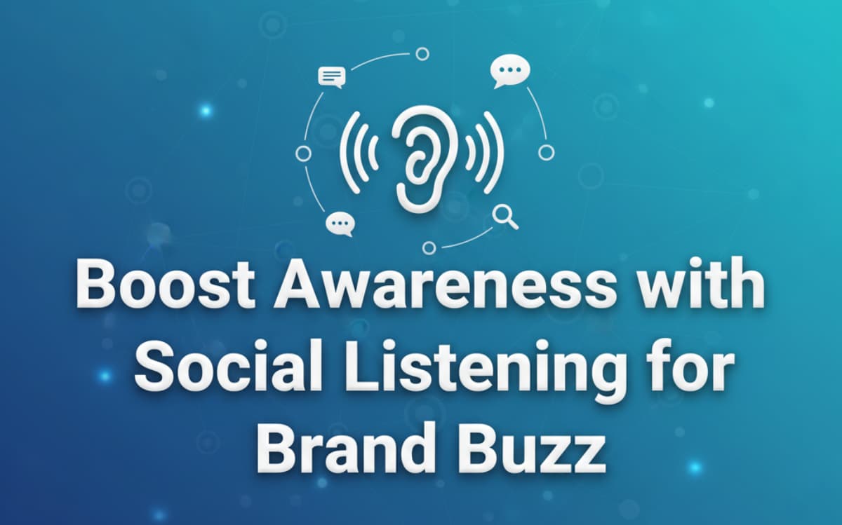 Graphic illustrating social listening for brand buzz, featuring an ear icon and connected communication elements.