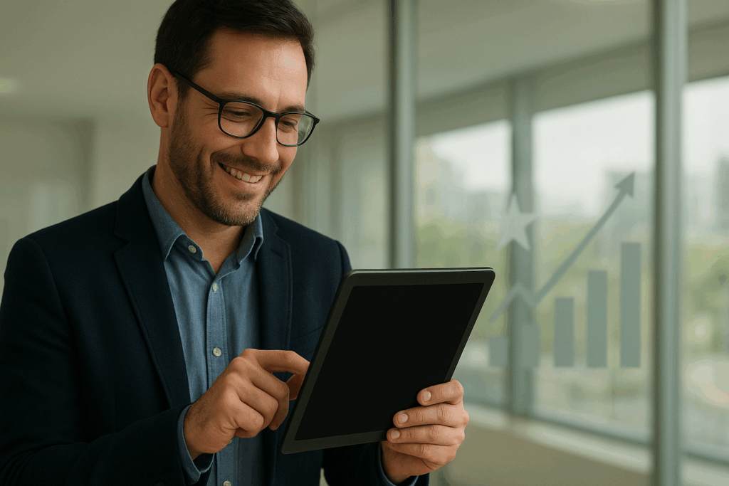 Businessperson analyzing data on tablet with upward graph in background representing ORM Costs, Tools & Value insights.