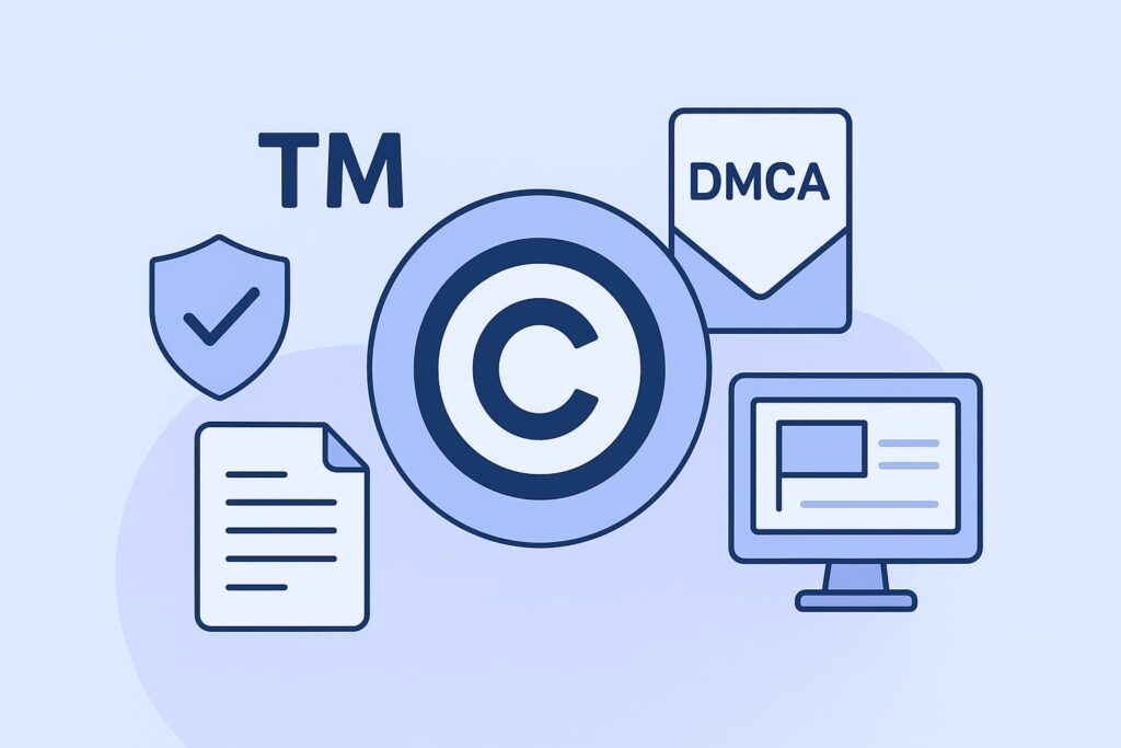 Illustration depicting legal tools for brand protection, including trademarks, copyrights, and DMCA takedowns.