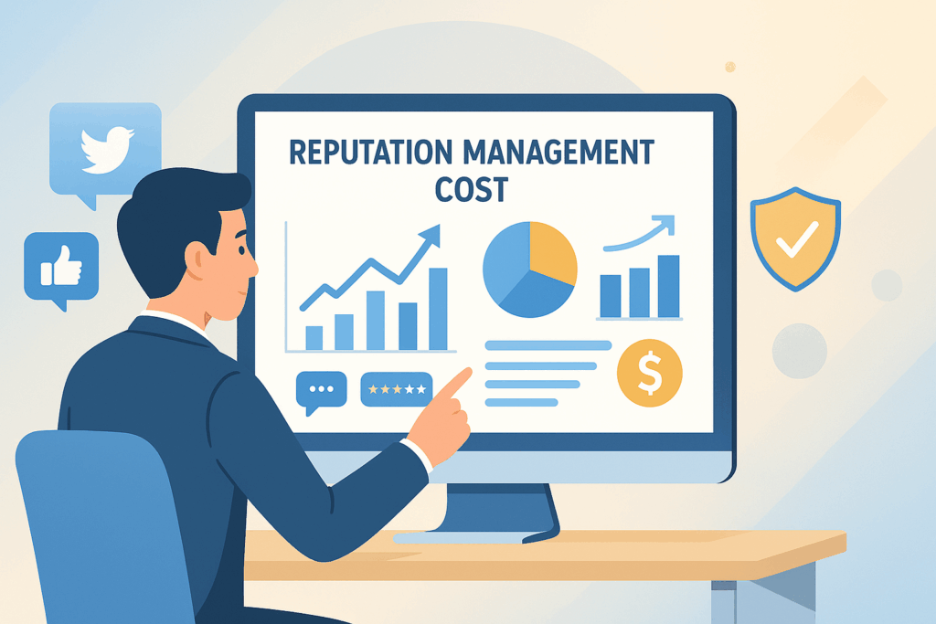 Professional studying upward trends and pie chart on computer illustrating Reputation Management Cost factors.