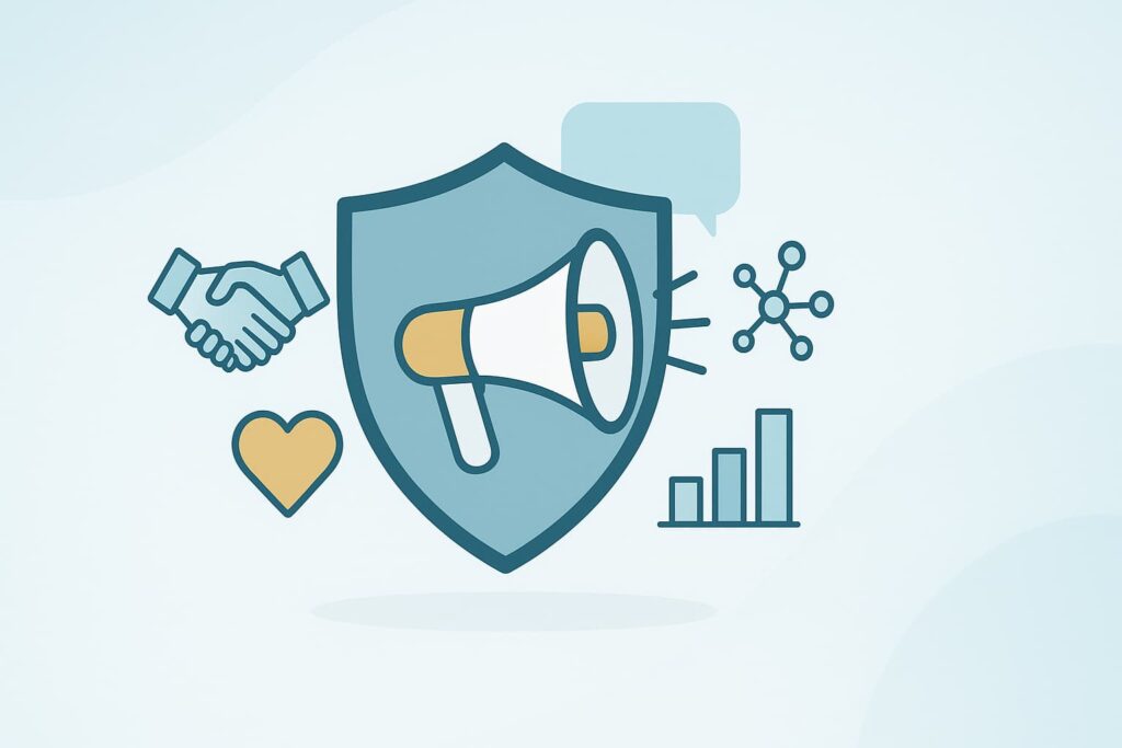 [Brand Reputation Communications] Protective shield, amplifier, and metrics visualization depict safeguarding, messaging, and analytical insights.