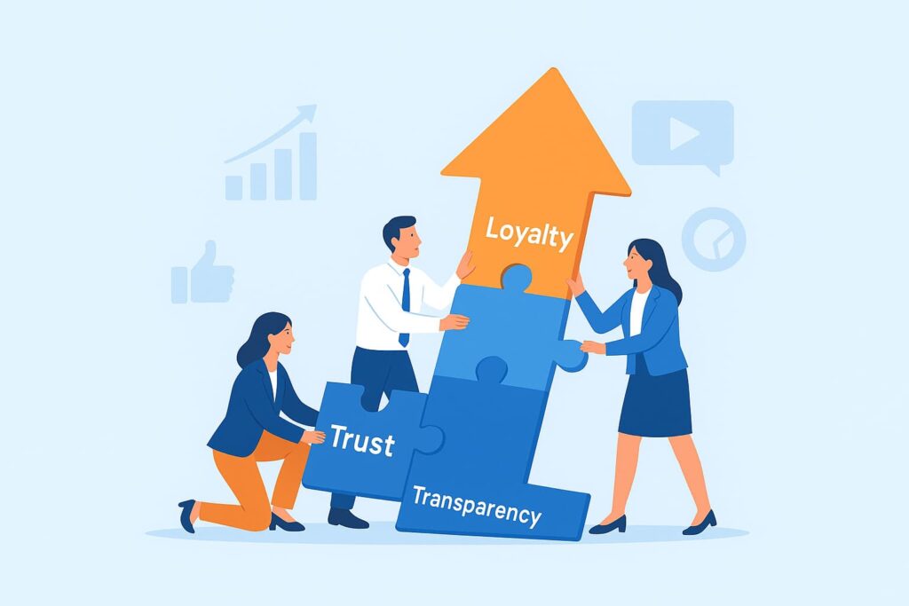 Illustration of business professionals building trust, loyalty, and transparency for long-term brand growth.