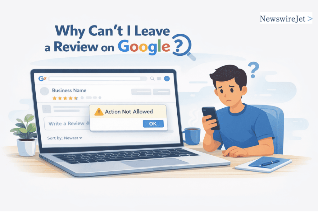 Illustration depicting the frustration of being unable to leave a review on Google, with a laptop and smartphone visible.