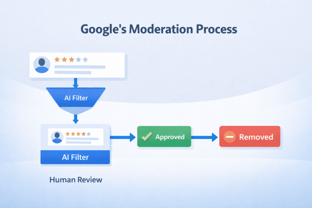 Diagram depicting Google's review moderation pipeline, from initial AI filtering to human approval or removal.