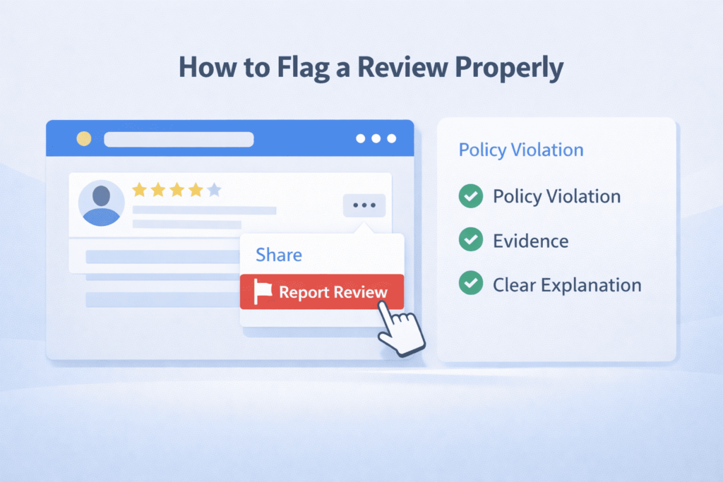 Illustration showing steps to report a review, including policy violation, evidence, and clear explanation.