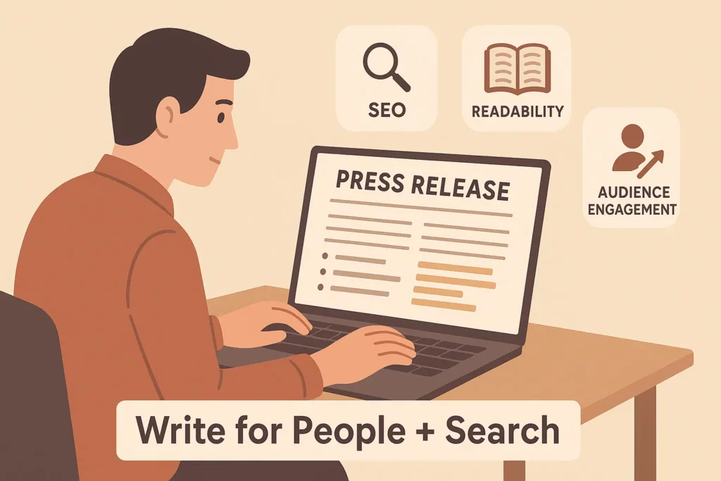 Illustration of a person writing a press release on a laptop, surrounded by SEO, readability, and audience engagement icons.