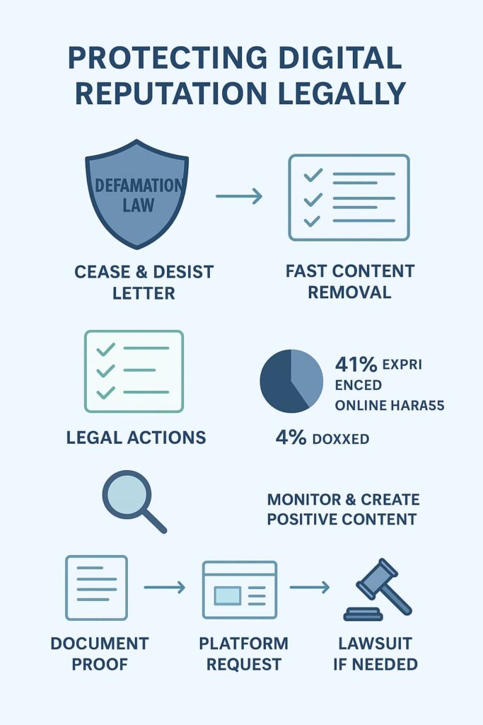 Infographic illustrating the legal tools and strategies for safeguarding one's online reputation.