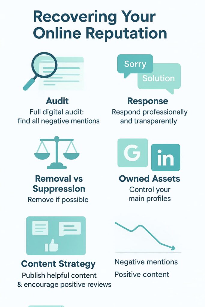 An infographic outlining key steps to address and improve a brand's online reputation, including auditing, responding, and content strategy.
