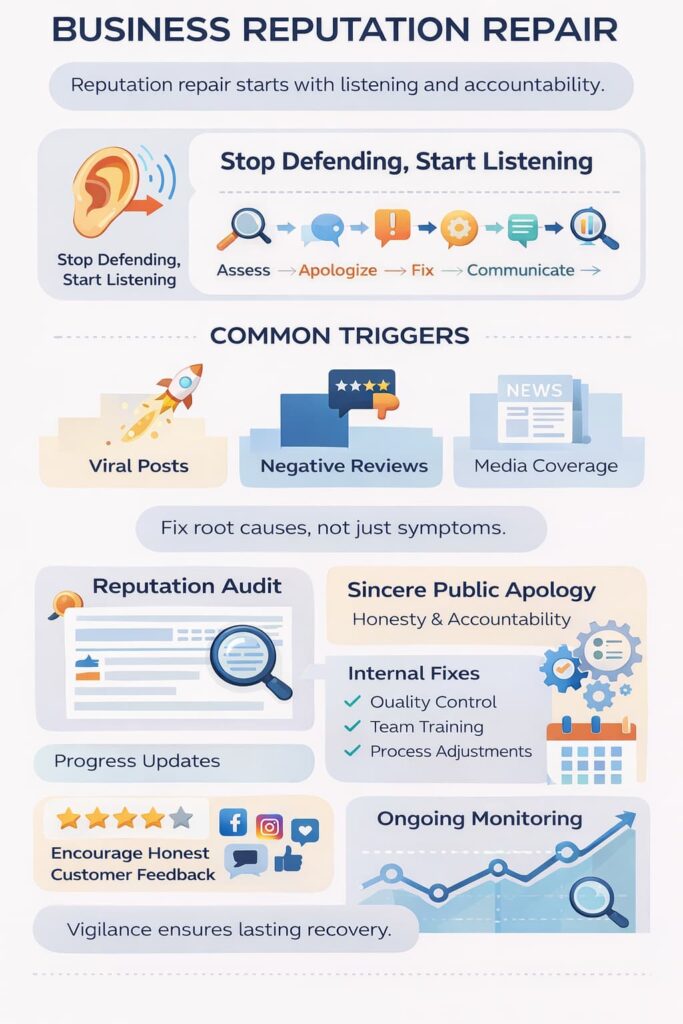 Infographic detailing the essential elements of an effective business reputation repair strategy, including root cause analysis and internal improvements.