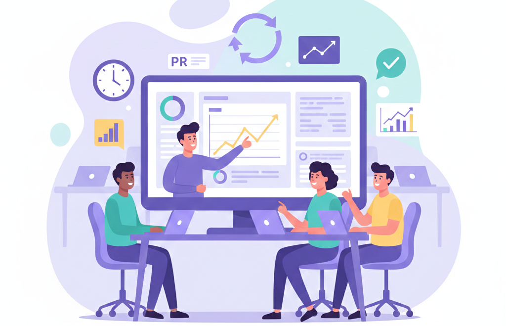 Analyzing PR reports in a modern office to surface actionable insights from PR reports and shape future plans.