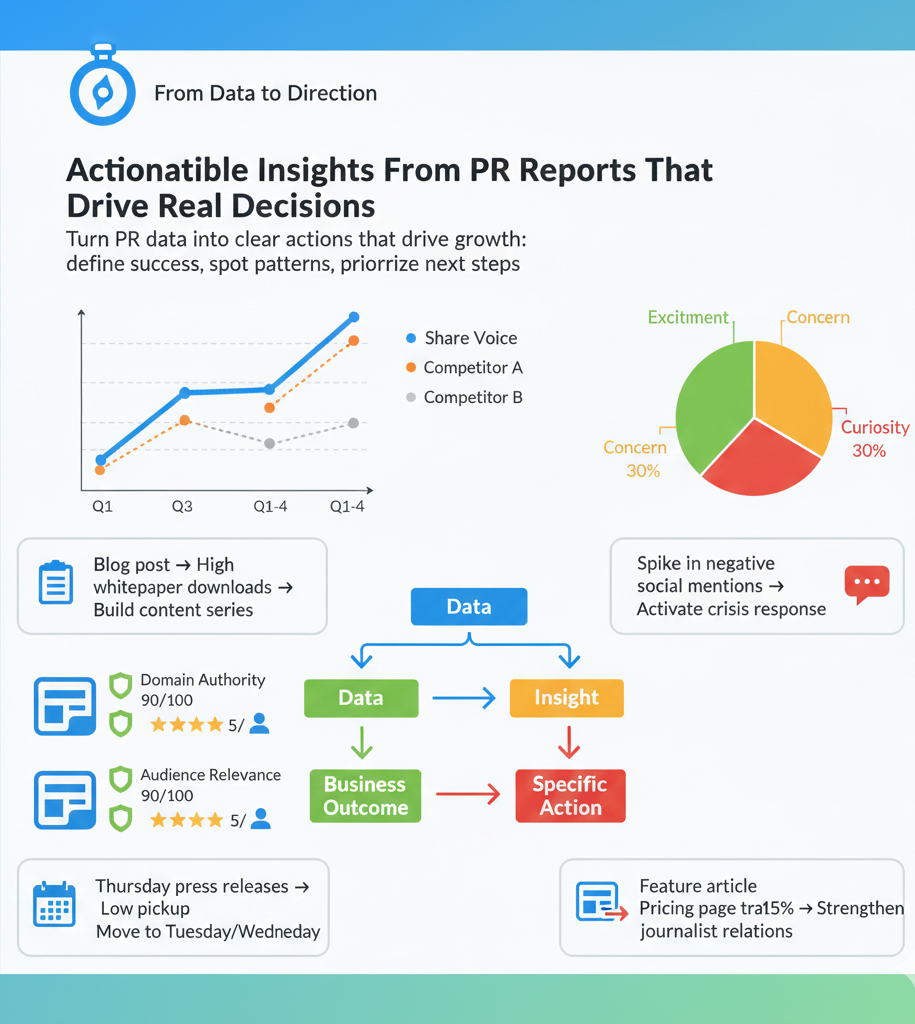 Turning PR analytics into actionable insights from PR reports that inform real business decisions.