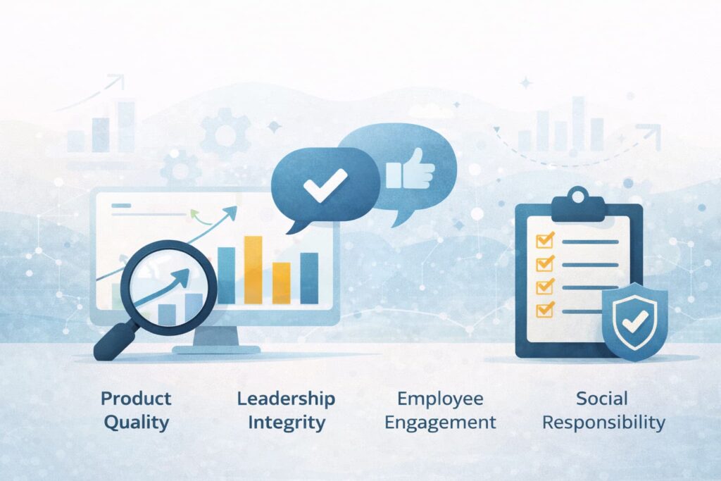Key pillars for cultivating a positive corporate reputation, including product quality, leadership integrity, employee engagement, and social responsibility.