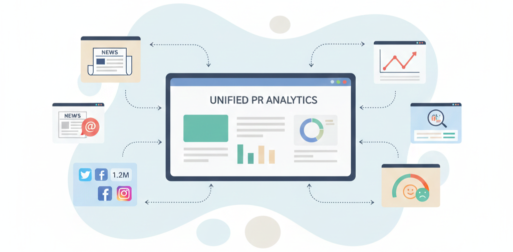 Conceptual image of a complete PR reporting system, illustrating how to write a PR report with charts, graphs, and structured data inputs.