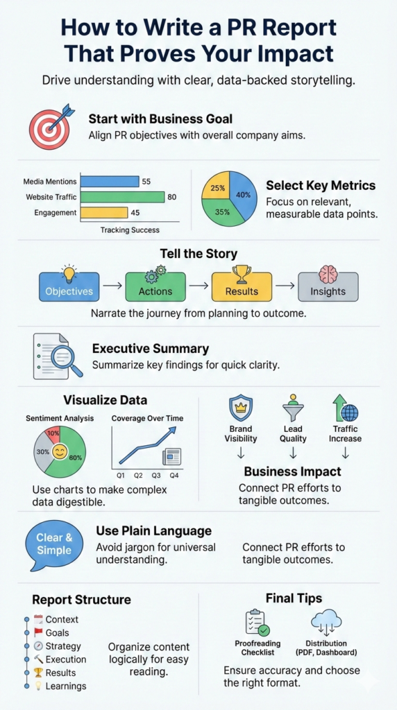 Infographic sharing best practices on how to write a PR report that shows real, measurable business results.