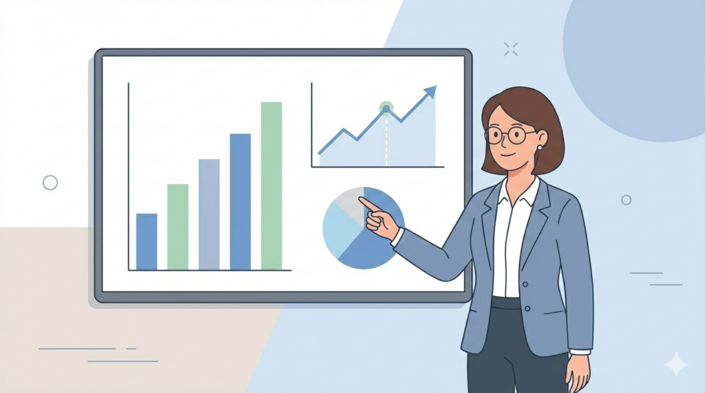 A professional explaining PR metrics on screen, offering a real-world example of how to write a PR report for stakeholders.