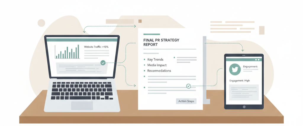 A realistic desk scene featuring a laptop, printed report, and mobile device, symbolizing the essentials of how to write a PR report effectively.