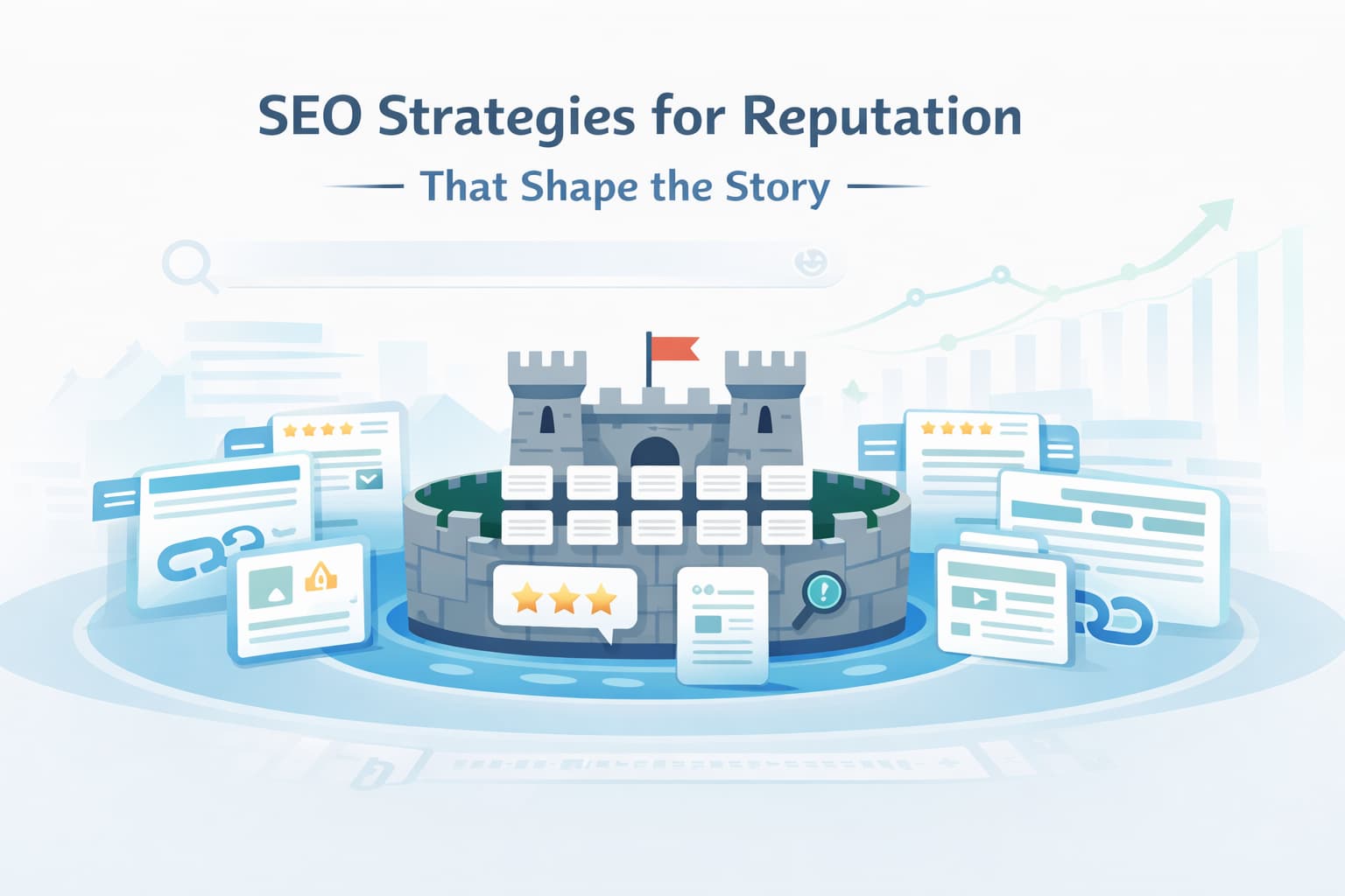 A castle-like structure surrounded by digital review and search elements, representing the shaping of online reputation.