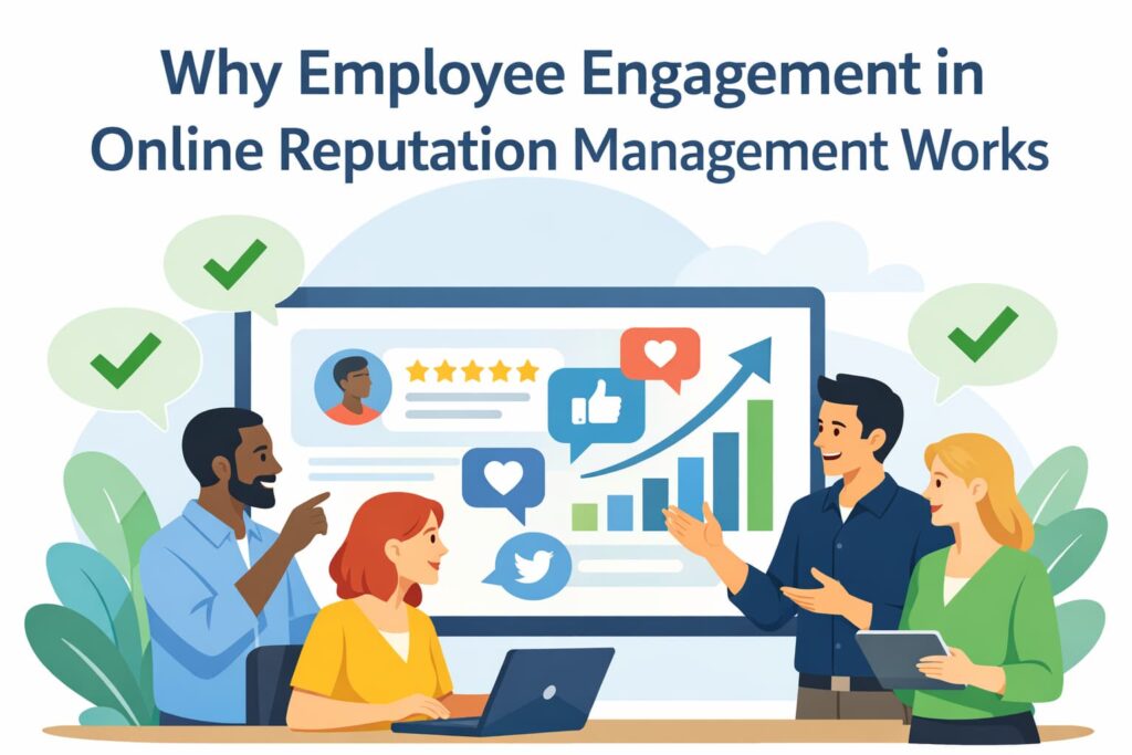 Illustration of employees engaged in managing a company's online reputation.
