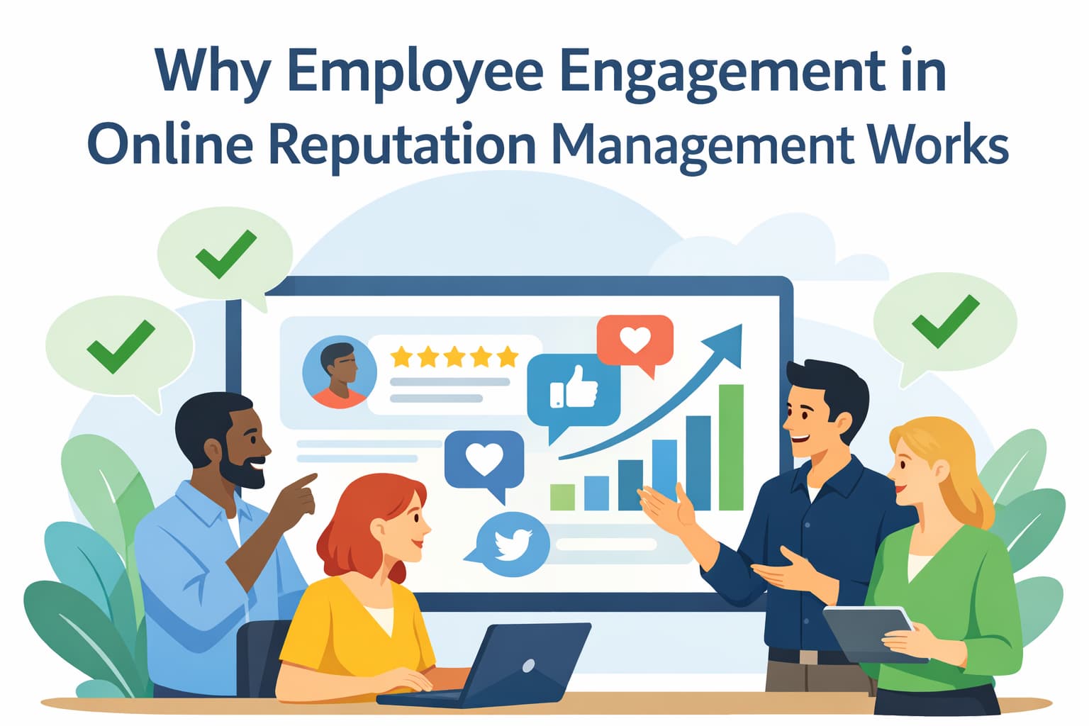 Illustration of employees engaged in managing a company's online reputation.