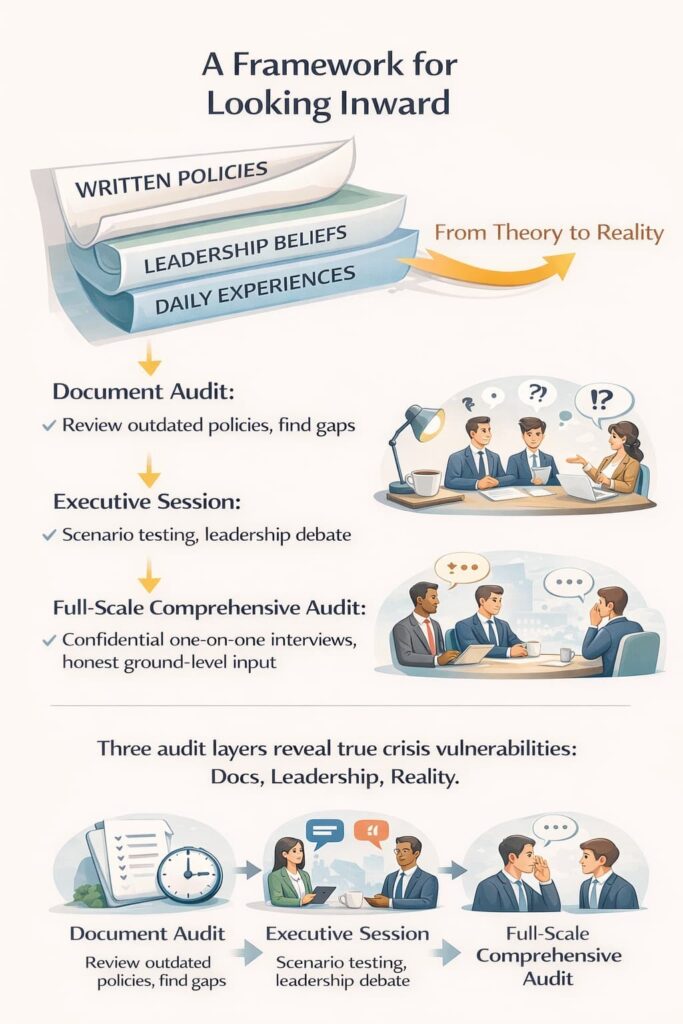 Infographic on a crisis vulnerability audit framework, detailing document audits, executive sessions, and comprehensive audits.