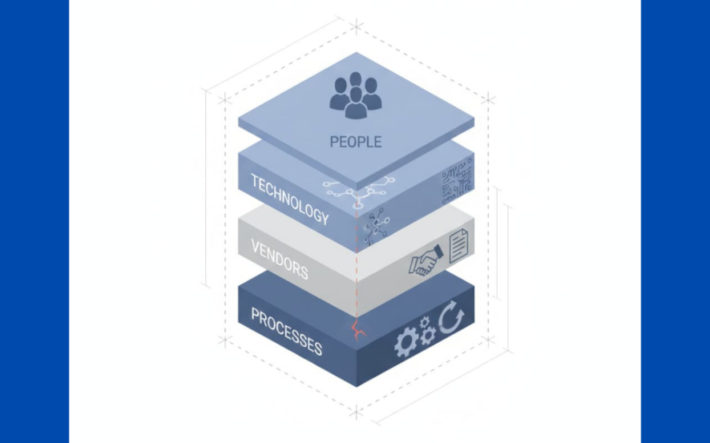Visual representation of a crisis vulnerability audit featuring four key layers: people, technology, vendors, and processes.