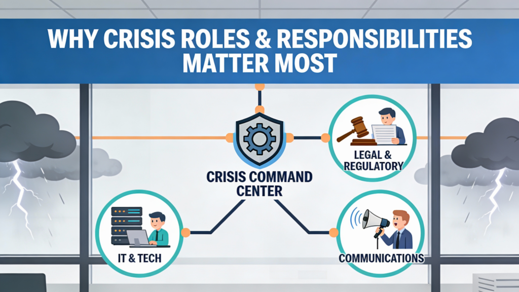Crisis roles & responsibilities diagram showing command center connecting IT, legal, and communications teams