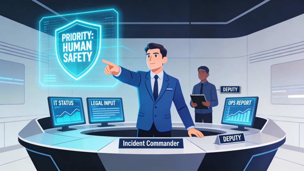 Crisis roles & responsibilities: incident commander prioritizing human safety with deputy support and reports