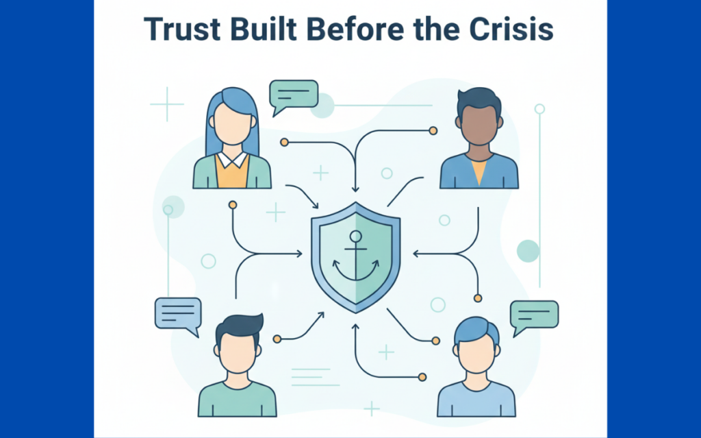 Illustration of diverse individuals communicating, emphasizing pre-crisis internal communication strategies.
