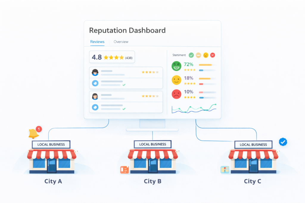 Monitoring local brand reputation: A centralized platform for analyzing customer sentiment, ratings, and engagement across locations.