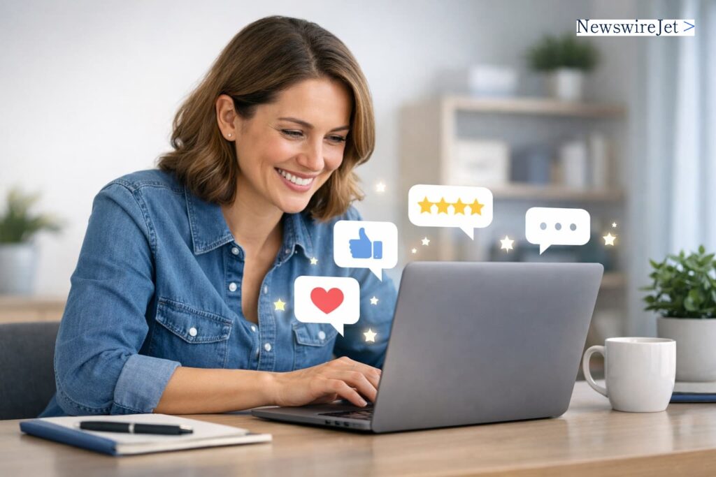 Small business owner smiling at laptop, reading positive reviews, illustrating Reputation SEO for Small Businesses trust online.