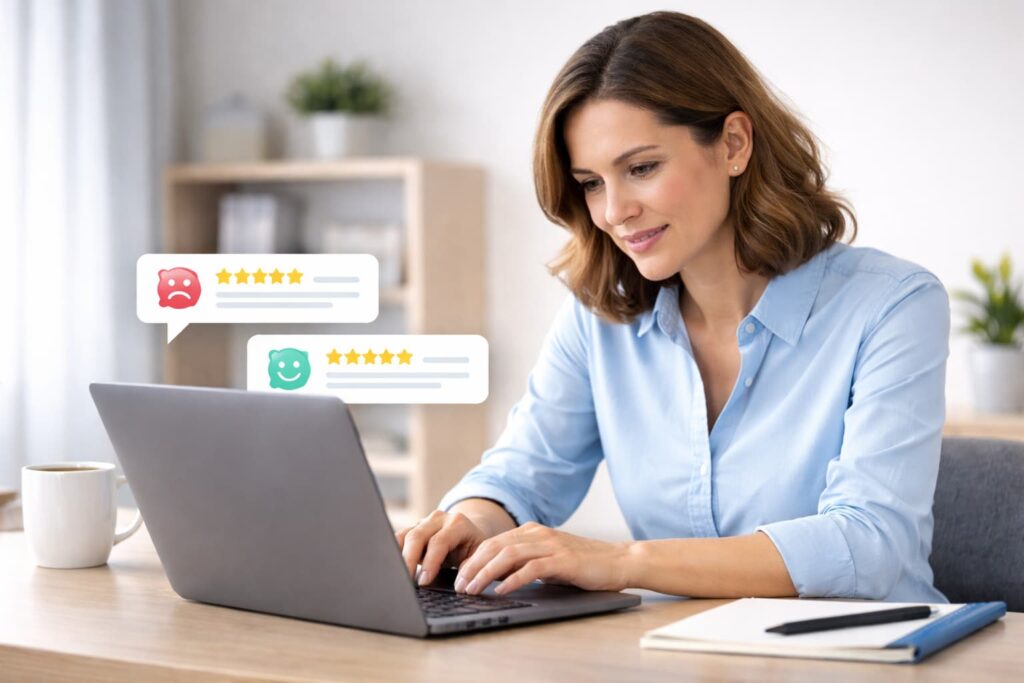 Business owner carefully responding to online reviews on laptop, representing Reputation SEO for Small Businesses strategy.