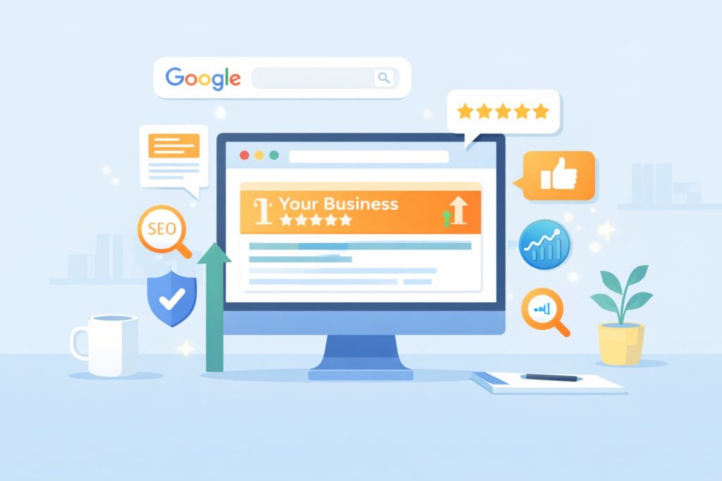 Vector 2D illustration of a Google search page highlighting first result, emphasizing Reputation SEO for Small Businesses success.