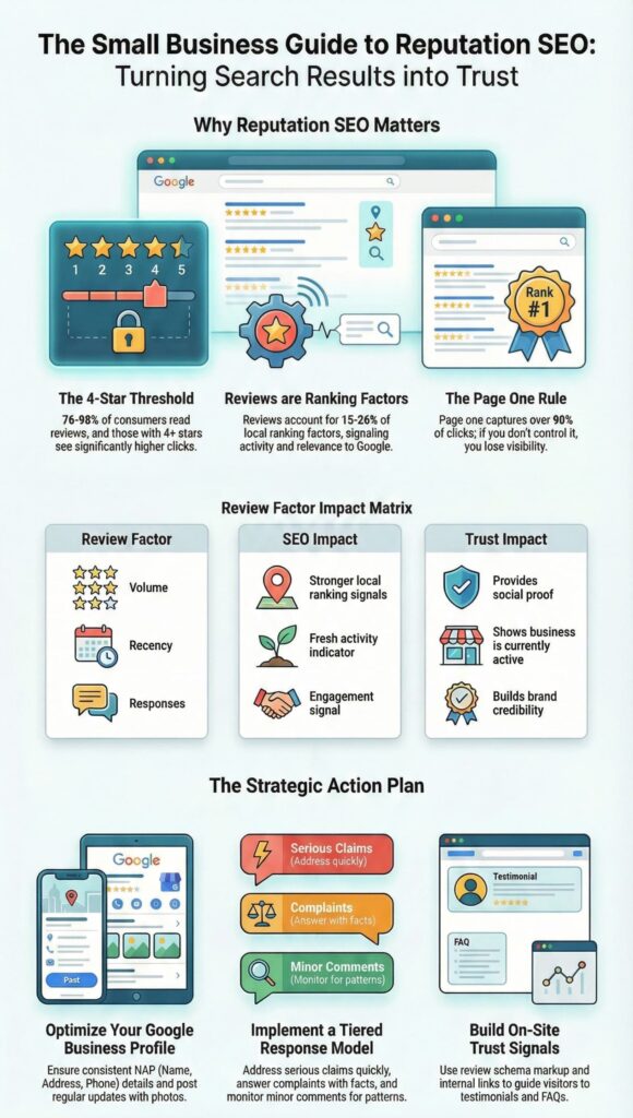 Infographic on Reputation SEO for Small Businesses showing how star ratings, review volume, and recency drive search rankings.