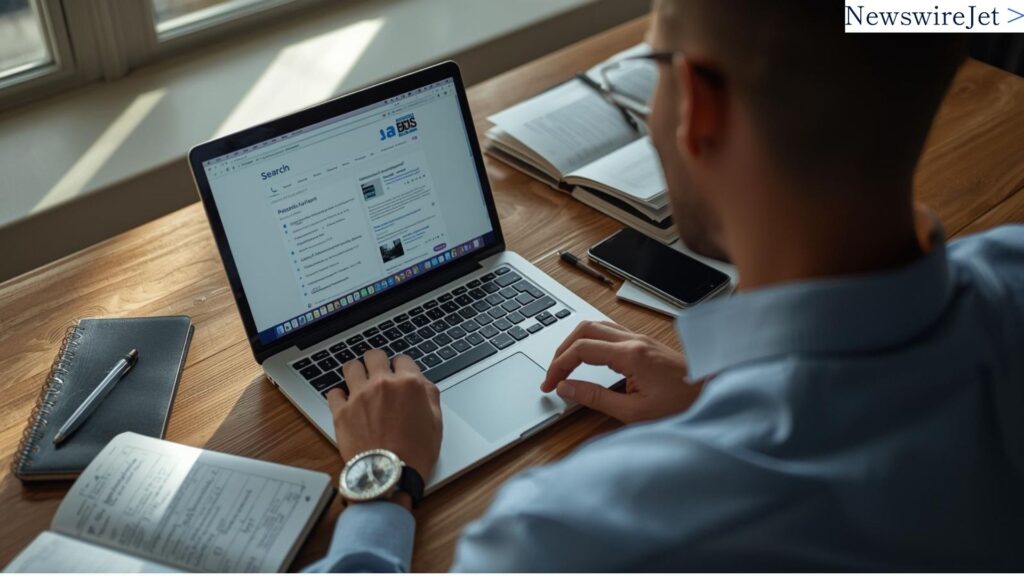 Professional researching SEO for business reputation strategies on laptop at organized workspace