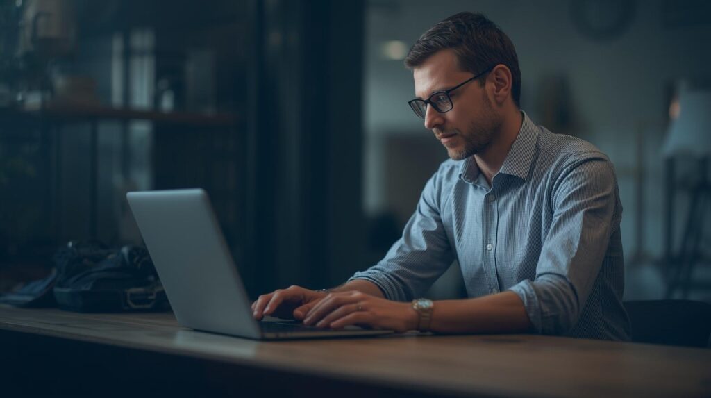 Professional implementing Local SEO for Online Reputation Management strategies on laptop in office