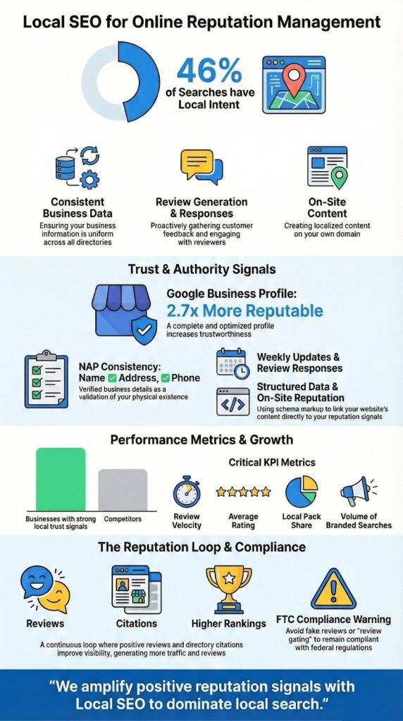Local SEO for Online Reputation Management infographic with trust signals and performance metrics