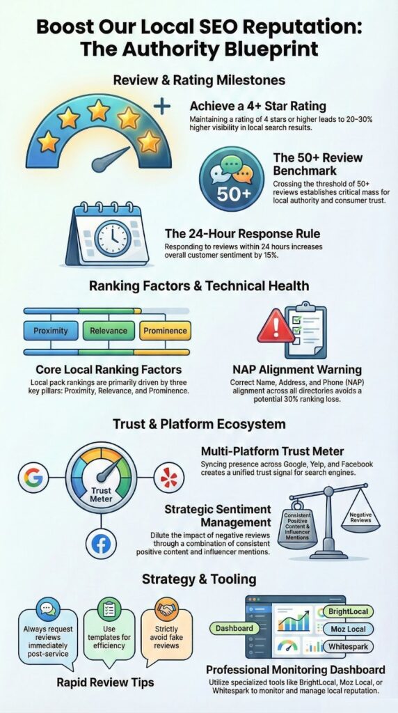 Local SEO reputation infographic showing authority blueprint with review milestones and ranking factors