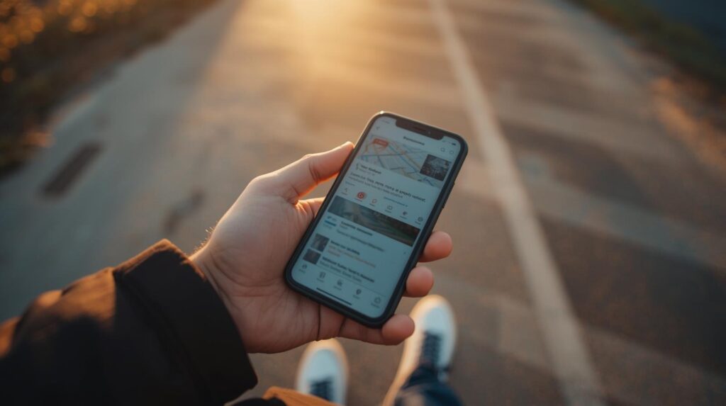 Person checking SEO for online reviews and business ratings on mobile phone during outdoor walk