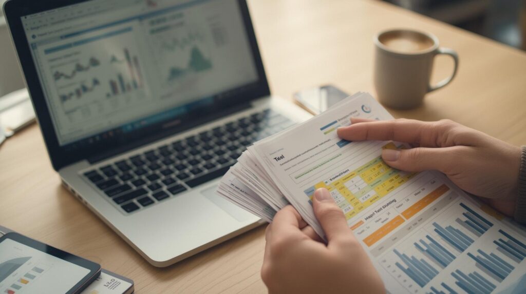Person analyzing legal implications & review in crisis communications data with reports and laptop for compliance