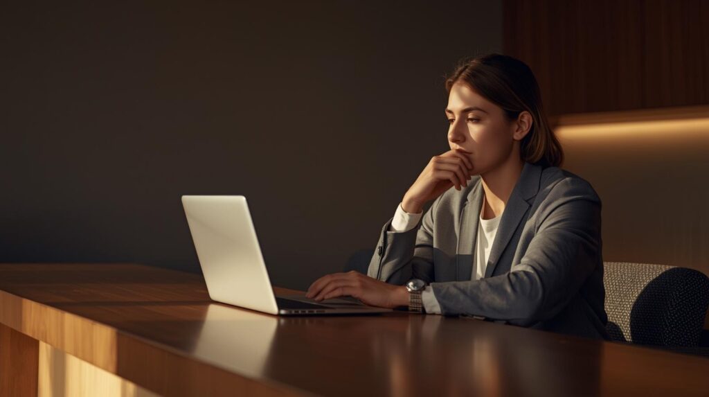 Professional managing SEO for online reviews strategy while working on laptop in focused office setting