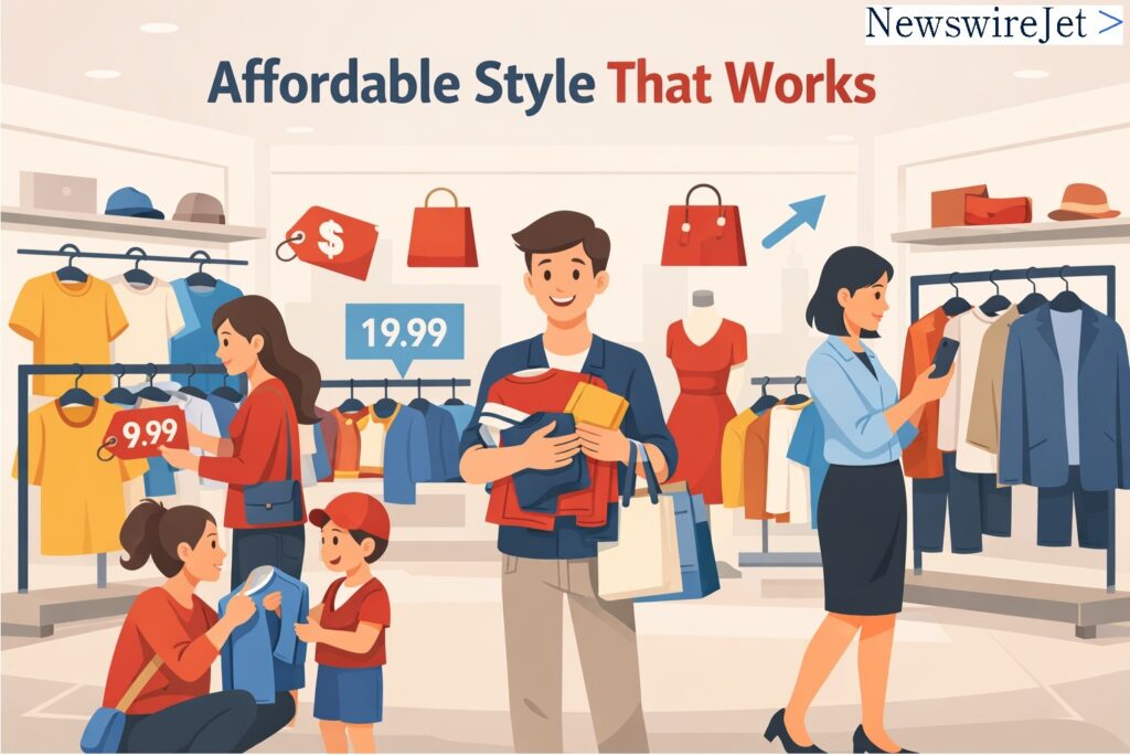 2D flat vector illustration of a modern clothing store with diverse shoppers browsing affordable fashion, featuring price tags like 9.99 and 19.99 and the headline “Affordable Style That Works”