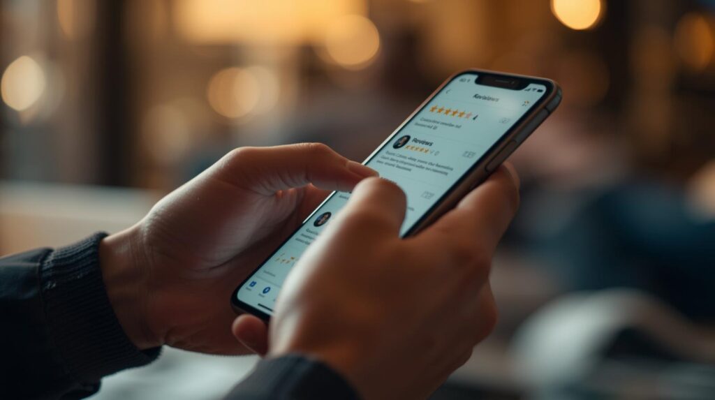 Person checking SEO for business reputation results and customer reviews on mobile smartphone