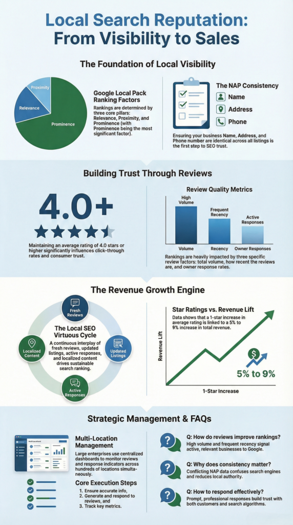 Optimizing local business presence: Strategies for managing reviews, listings, and customer engagement to boost search rankings and sales.