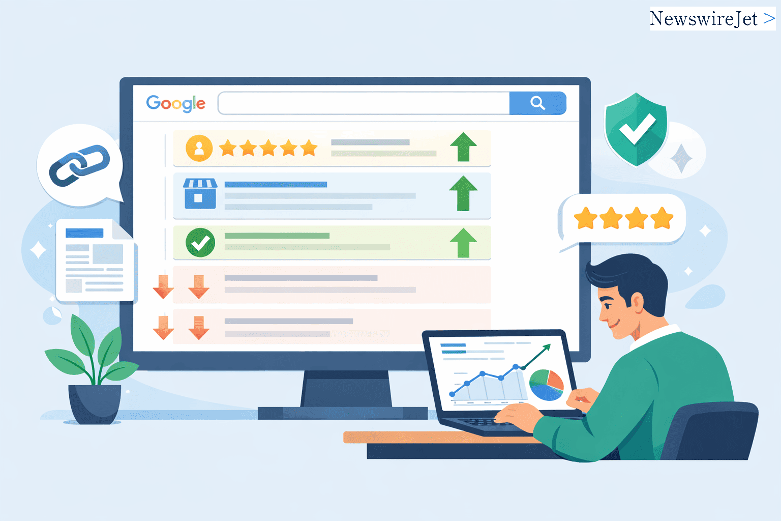 Visualizing the digital landscape of organic online reputation management, highlighting customer feedback, analytics, and search engine optimization.