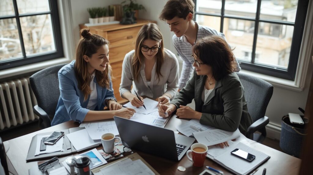 Small team collaborating on documents and laptop in a bright office planning a Proactive Reputation Building strategy